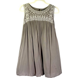 LOVE‎ STITCH Taupe Embroidered Sleeveless Mini Trapeze Dress